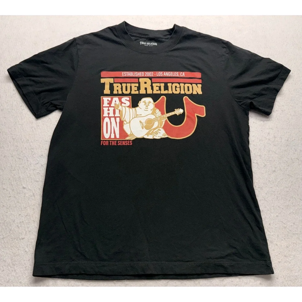 True Religion Mens Black Buddha Guitar Graphic T-Shirt XL 700465 Cotton